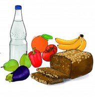 Auf dem Bild sind Lebensmittel. Ein Schwarzbrot, eine Aubergine, 2 Birnen, 1 Paprika, 3 Bananen, 2 Tomaten und eine Apfelsine. Außerdem eine Flasche Wasser.